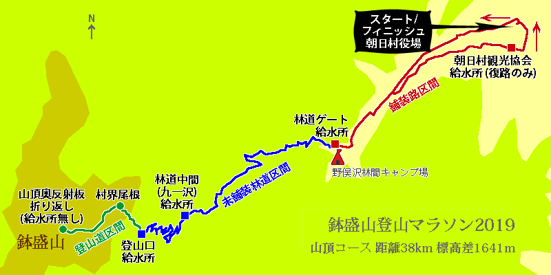 鉢盛山登山マラソン2019マップ 距離38km標高差1,641m